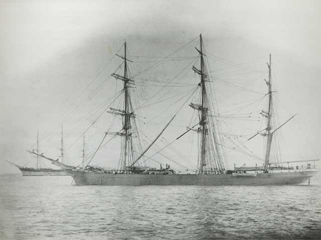 Black and white photograph of large sailing ship