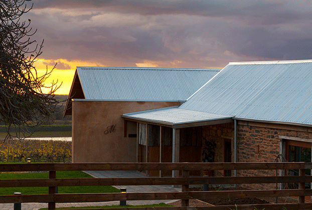 View of the Grant Burge cellar door building at sunset