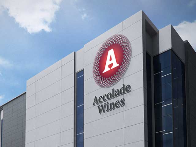 Front view of a modern, grey office building with the Accolade Wines logo on the front