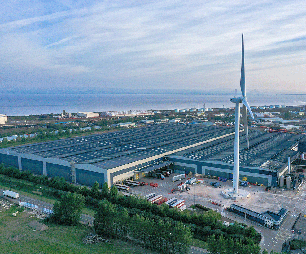 Aerial photograph of manufacturing centre with large windmill
