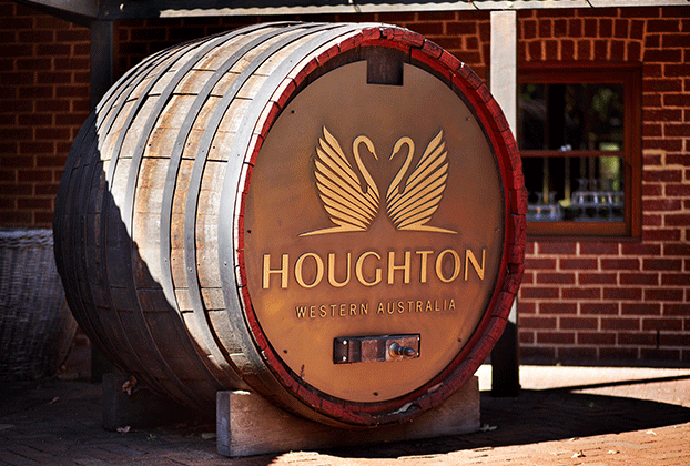 Large wine barrel branded with Houghton logo