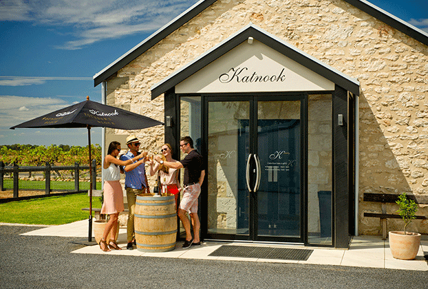 Four friends clinking wines glasses on a sunny day in front of the Katnook cellar door