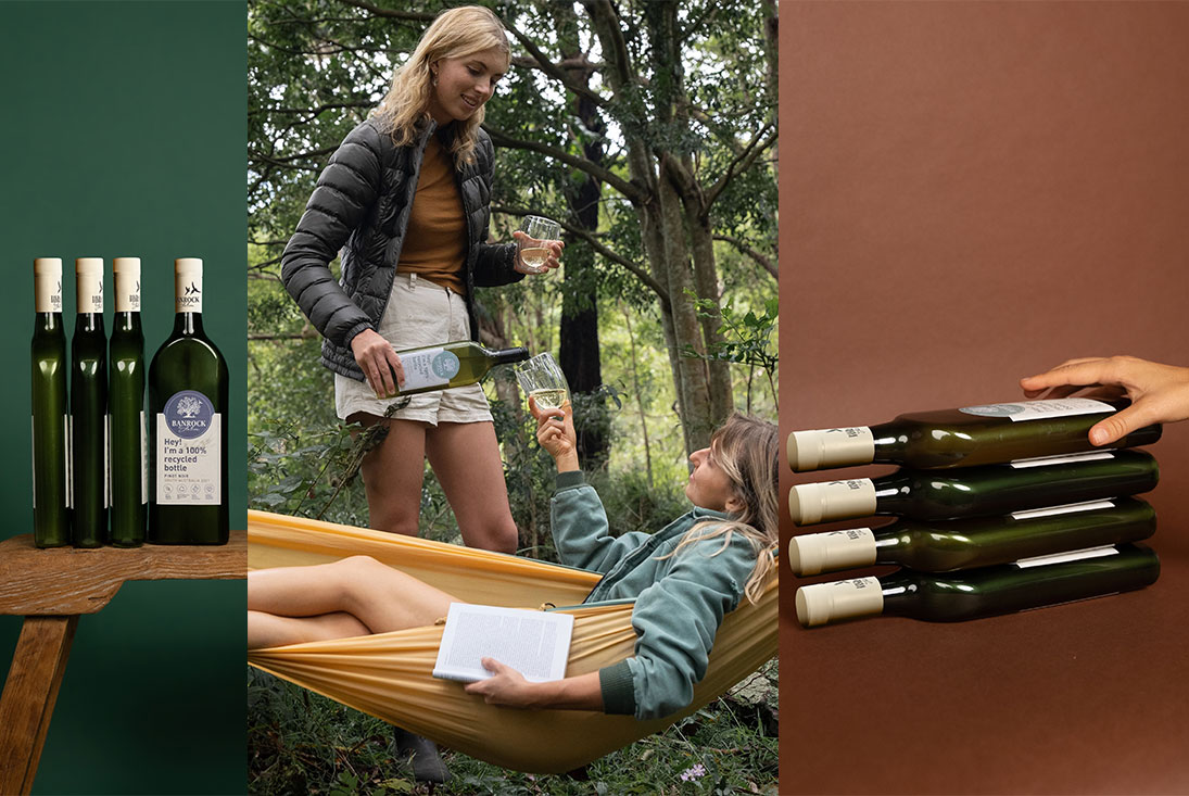 a collage of three images showing the banrock station flat wine bottles in use, stacked alongside each other taking up little space and two young women enjoying wine from the bottles on a camping trip